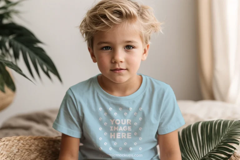 Boy Wearing Light Blue T-shirt Mockup Front View Template