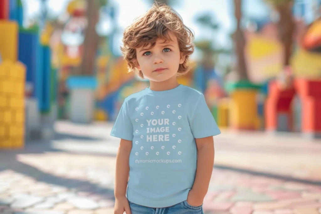 Boy Wearing Light Blue T-shirt Mockup Front View Template