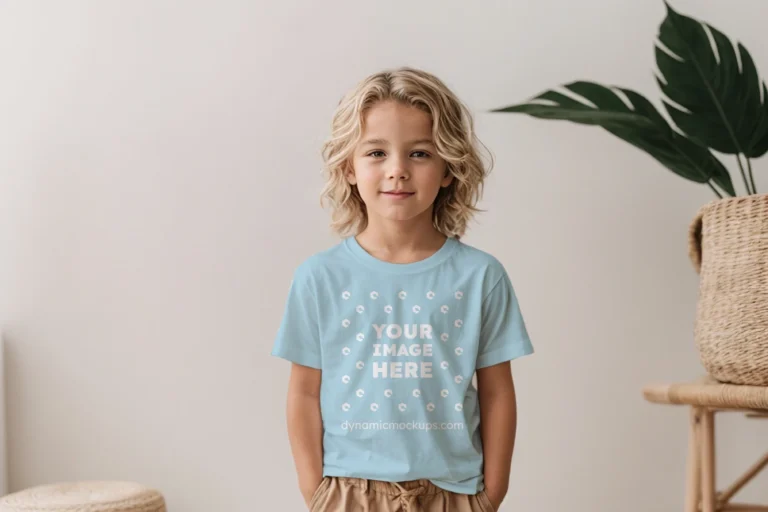 Boy Wearing Light Blue T-shirt Mockup Front View Template