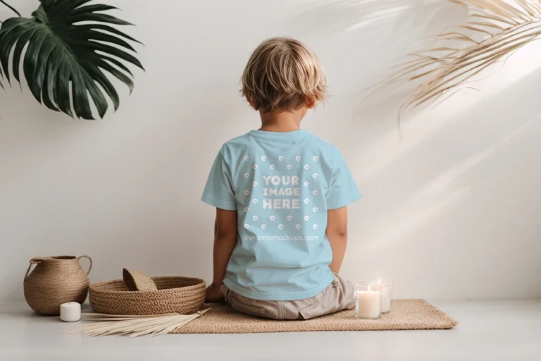 Boy Wearing Light Blue T-shirt Mockup Back View Template