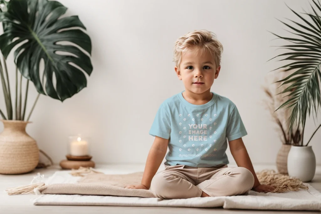 Boy Wearing Light Blue T-shirt Mockup Front View Template