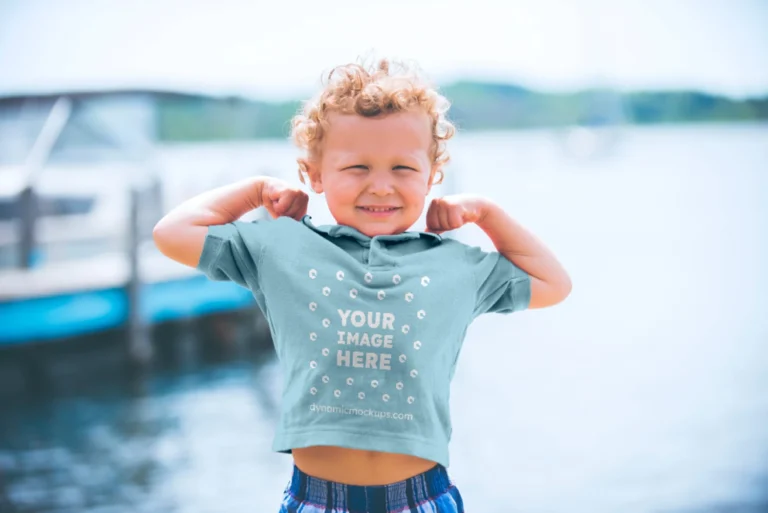 Boy Wearing Light Blue T-shirt Mockup Front View Template