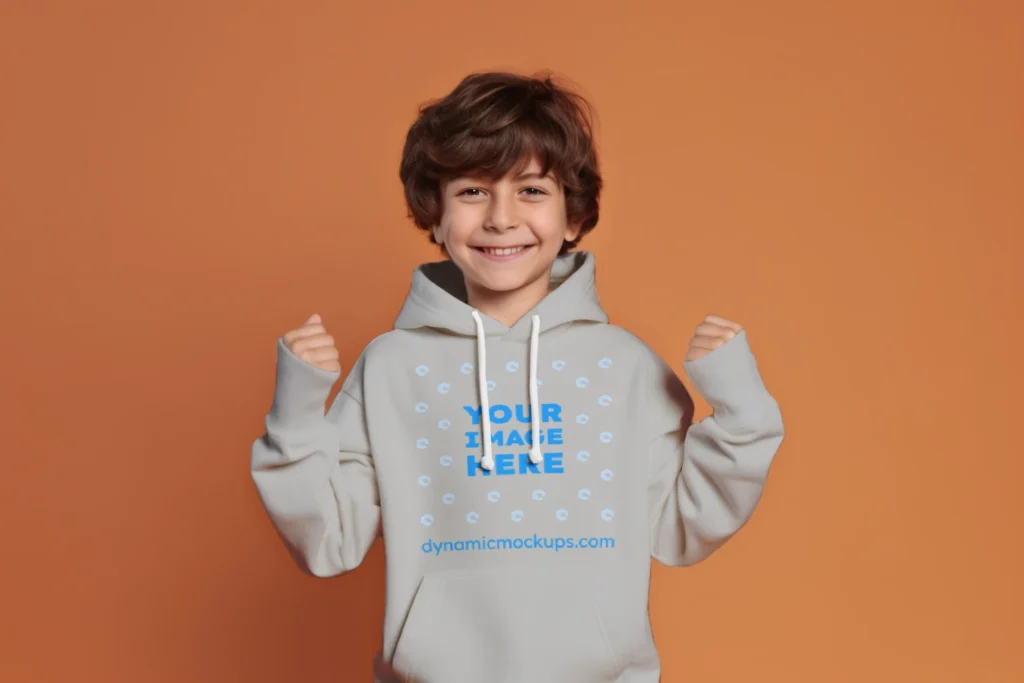 Boy Wearing Light Gray Hoodie Mockup Front View Template