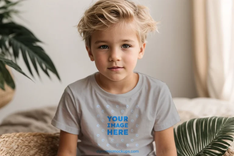 Boy Wearing Light Gray T-shirt Mockup Front View Template