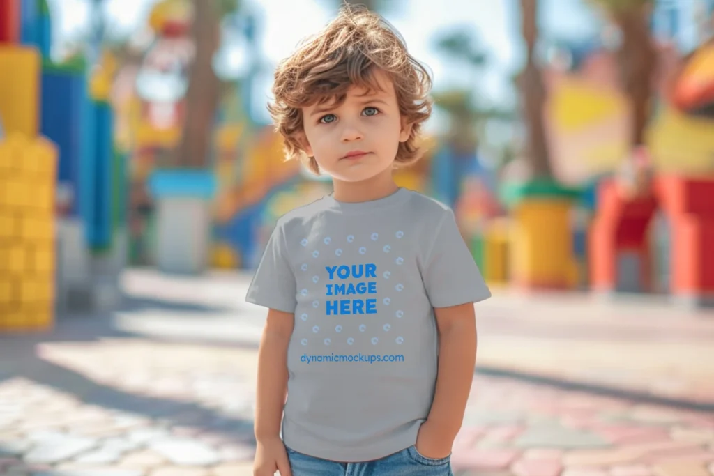 Boy Wearing Light Gray T-shirt Mockup Front View Template