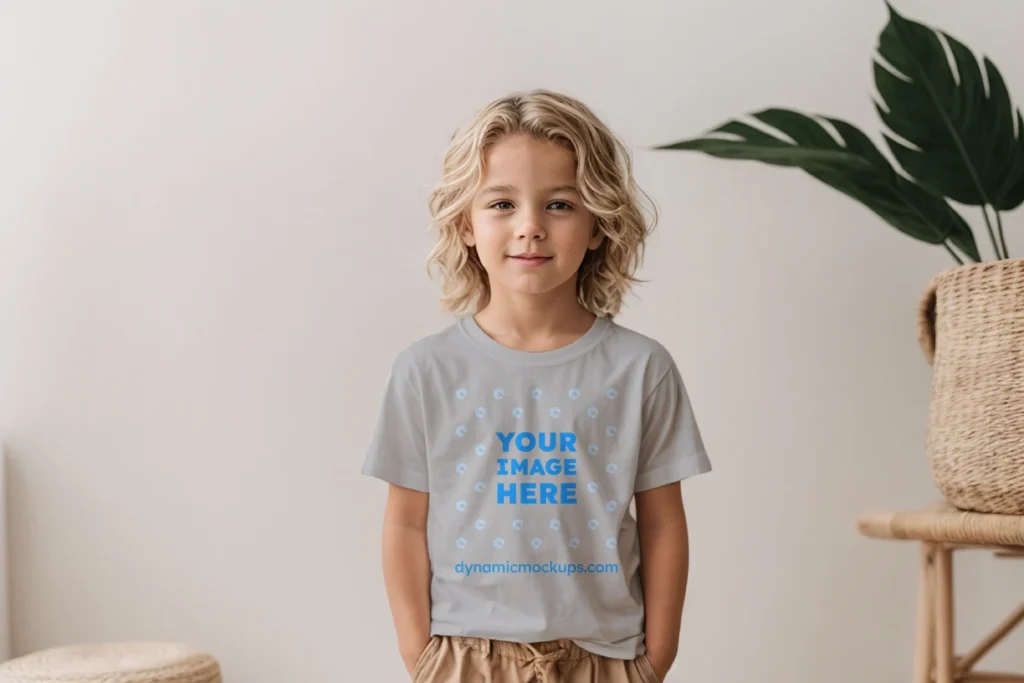 Boy Wearing Light Gray T-shirt Mockup Front View Template