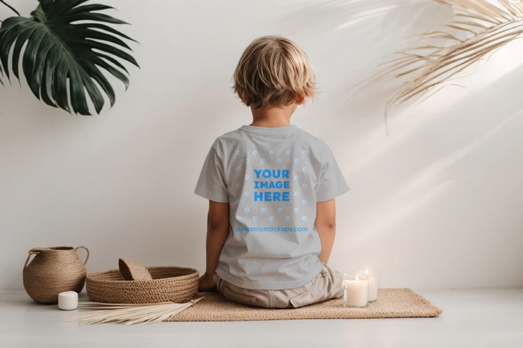 Boy Wearing Light Gray T-shirt Mockup Back View Template