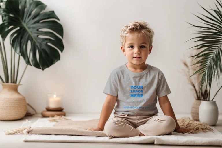 Boy Wearing Light Gray T-shirt Mockup Front View Template