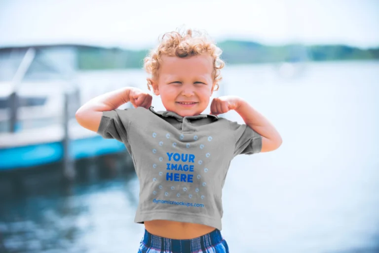 Boy Wearing Light Gray T-shirt Mockup Front View Template