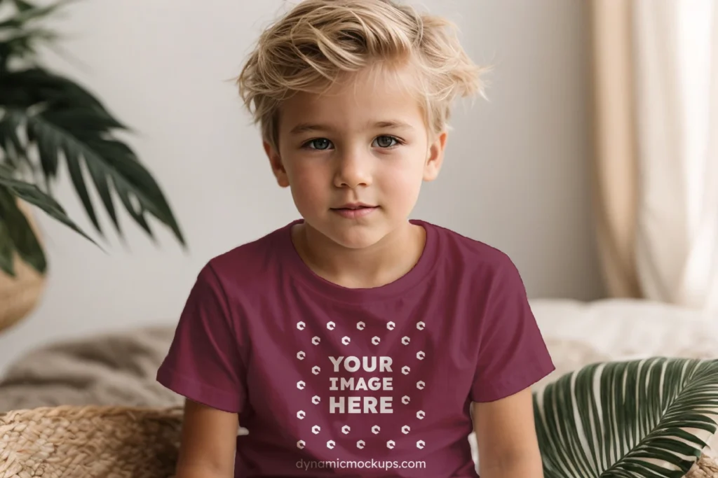 Boy Wearing Maroon T-shirt Mockup Front View Template