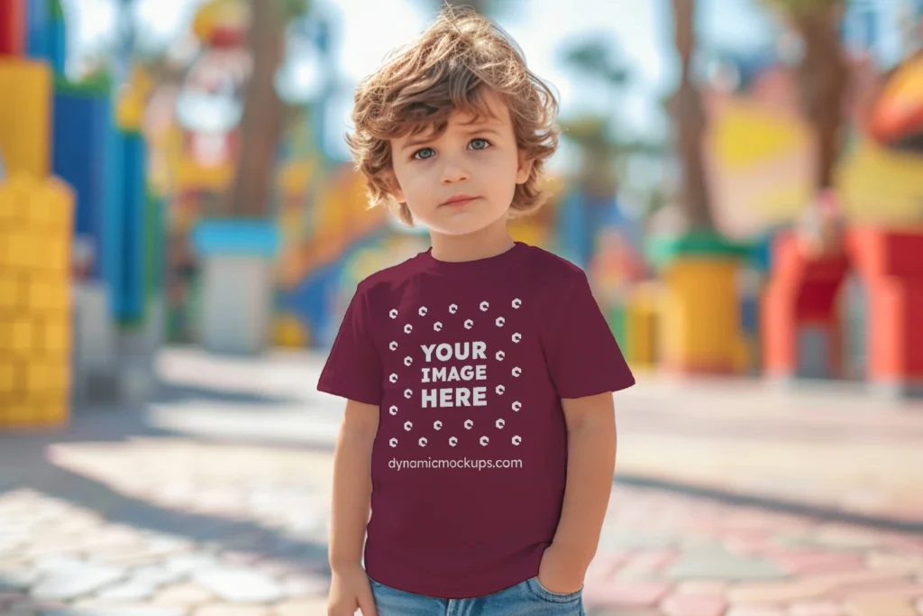 Boy Wearing Maroon T-shirt Mockup Front View Template