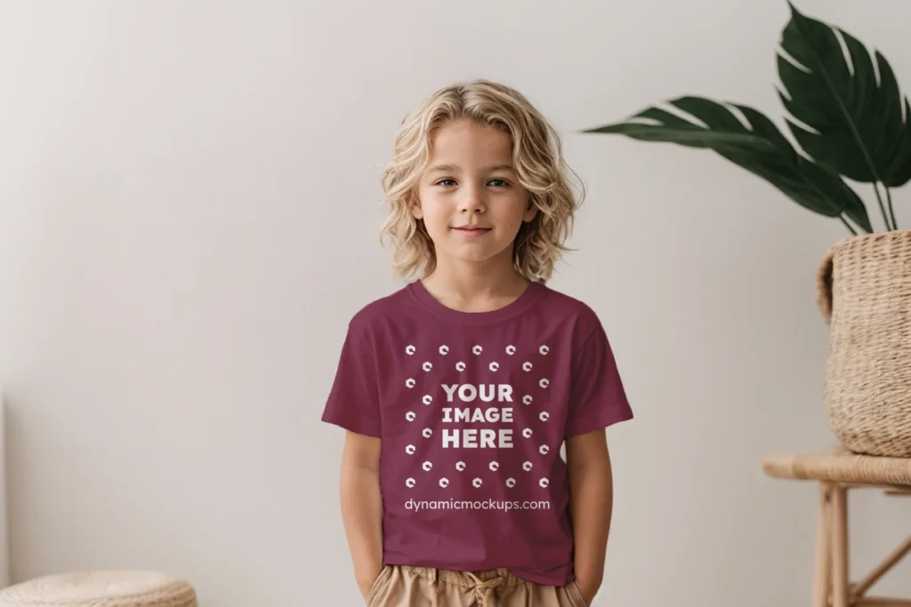 Boy Wearing Maroon T-shirt Mockup Front View Template