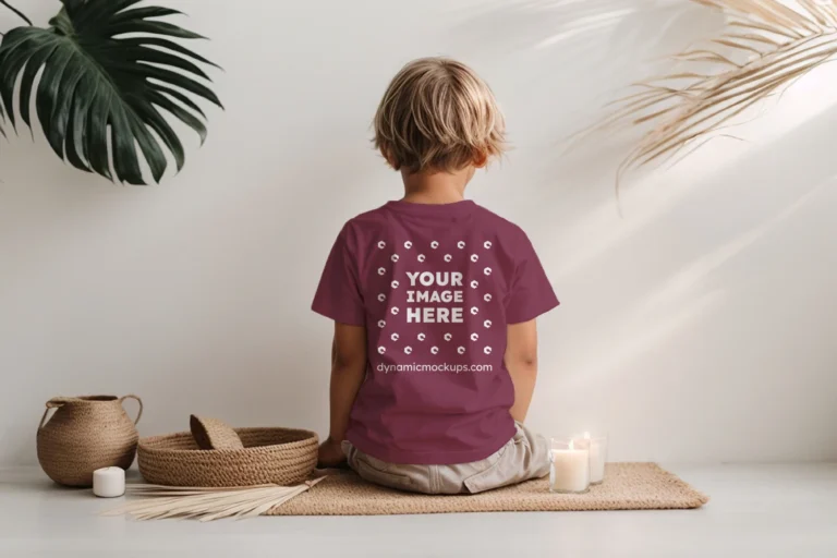 Boy Wearing Maroon T-shirt Mockup Back View Template