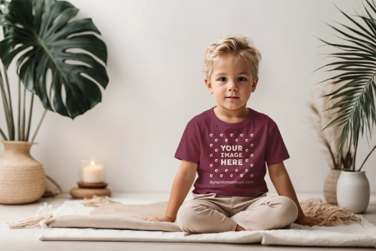 Boy Wearing Maroon T-shirt Mockup Front View Template