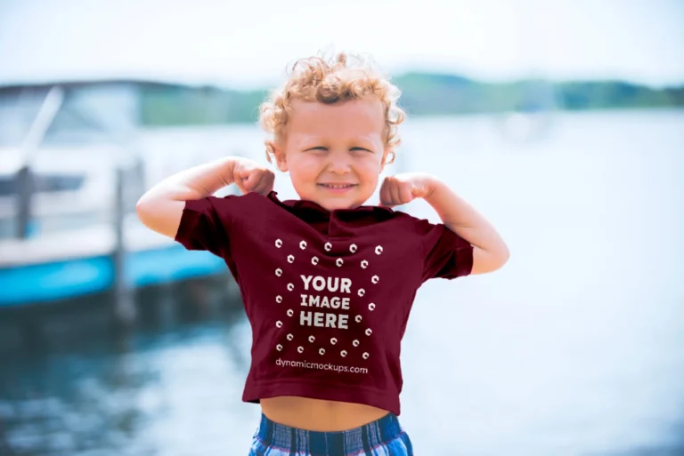 Boy Wearing Maroon T-shirt Mockup Front View Template