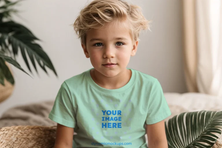 Boy Wearing Mint T-shirt Mockup Front View Template