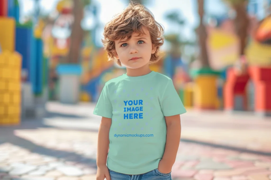 Boy Wearing Mint T-shirt Mockup Front View Template