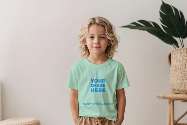 Boy Wearing Mint T-shirt Mockup Front View Template