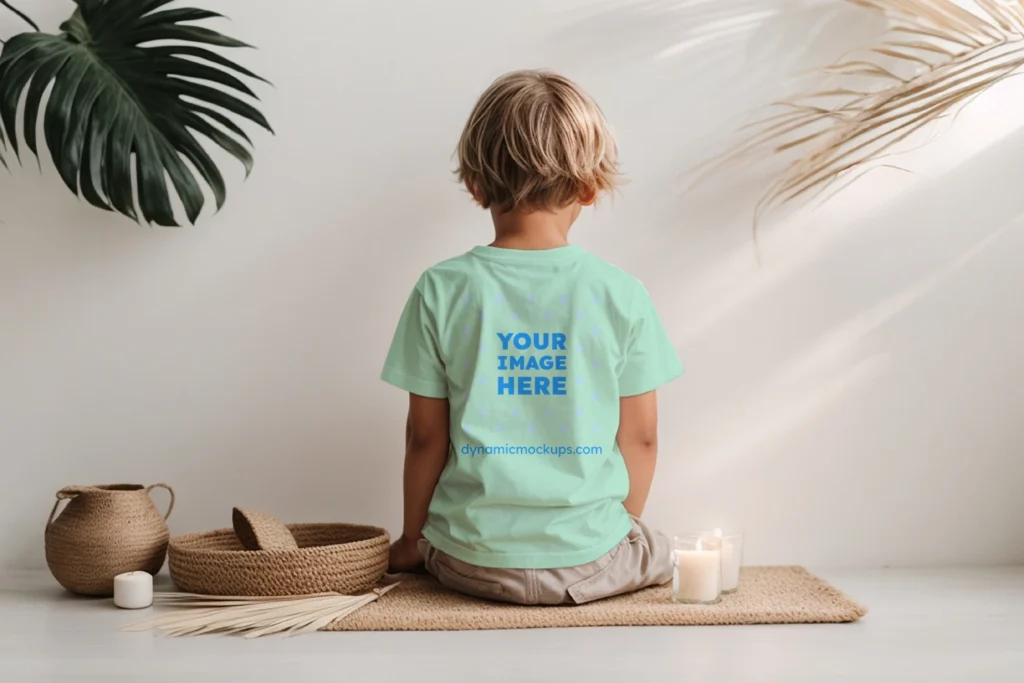 Boy Wearing Mint T-shirt Mockup Back View Template