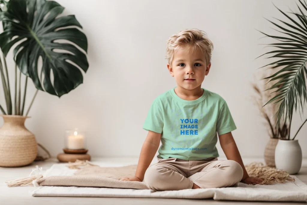 Boy Wearing Mint T-shirt Mockup Front View Template