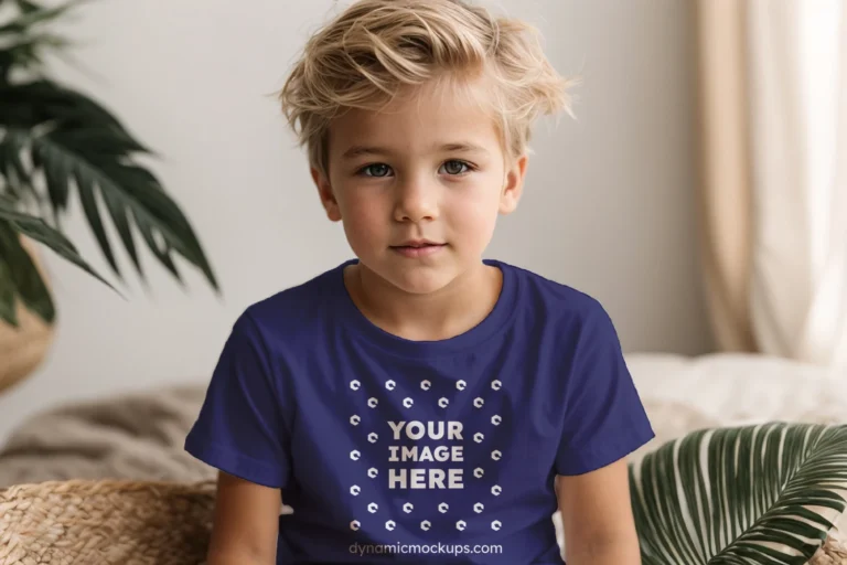 Boy Wearing Navy Blue T-shirt Mockup Front View Template