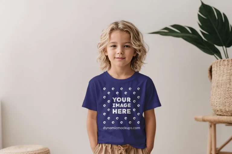 Boy Wearing Navy Blue T-shirt Mockup Front View Template