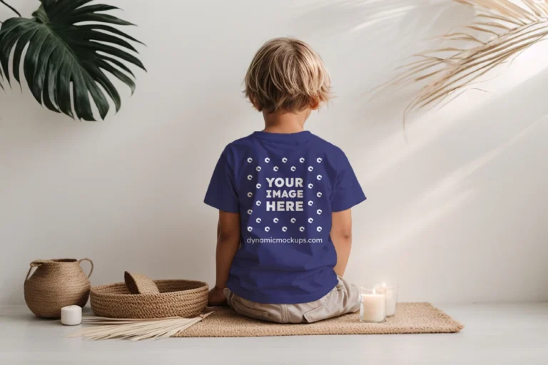 Boy Wearing Navy Blue T-shirt Mockup Back View Template