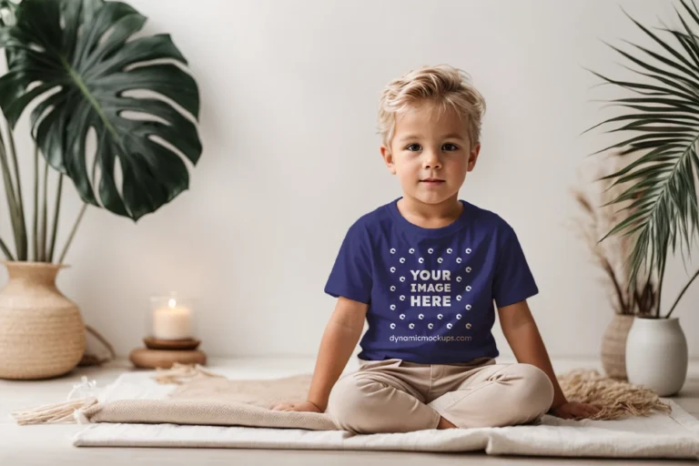 Boy Wearing Navy Blue T-shirt Mockup Front View Template