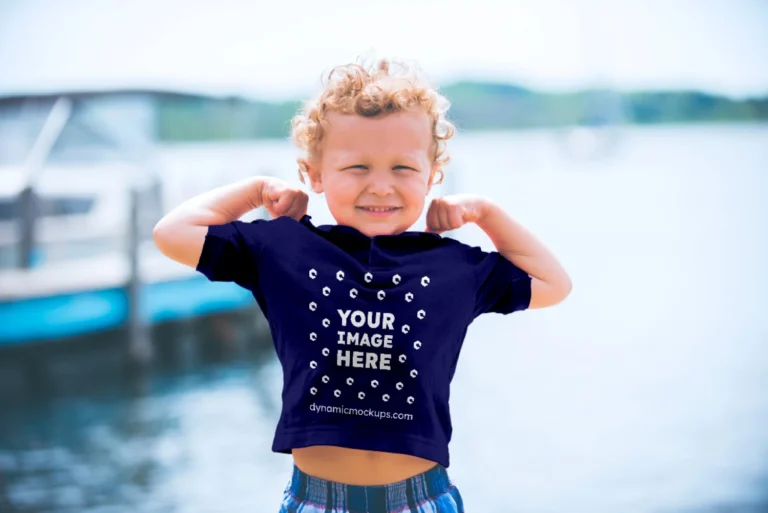 Boy Wearing Navy Blue T-shirt Mockup Front View Template