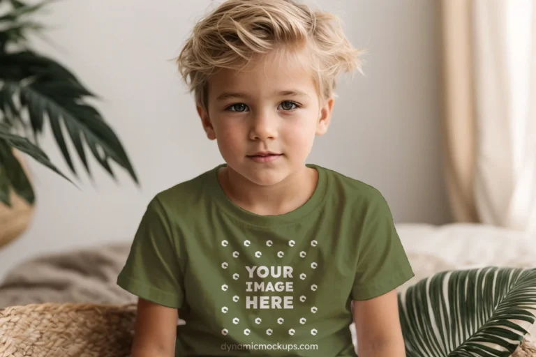 Boy Wearing Olive Green T-shirt Mockup Front View Template