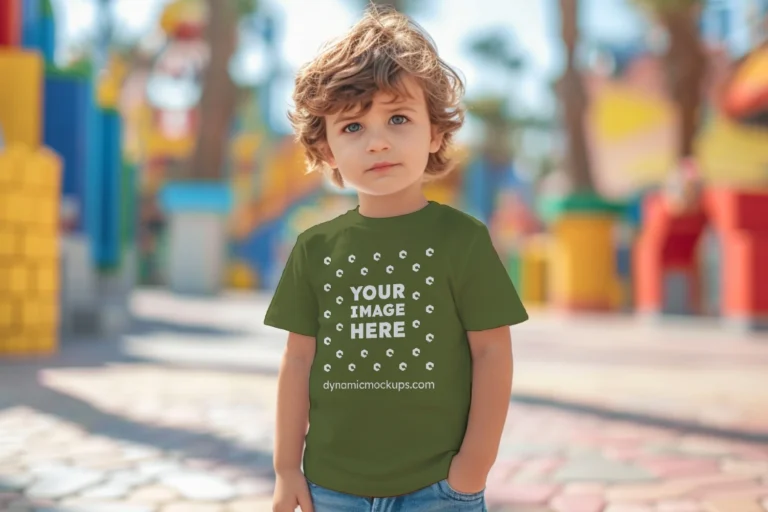 Boy Wearing Olive Green T-shirt Mockup Front View Template