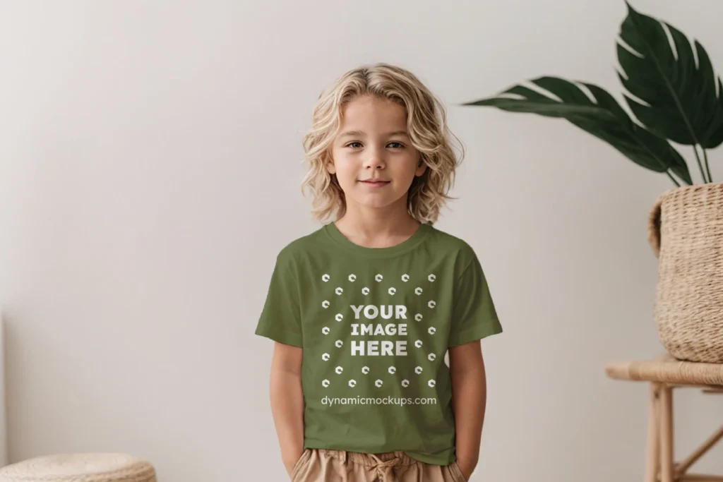 Boy Wearing Olive Green T-shirt Mockup Front View Template