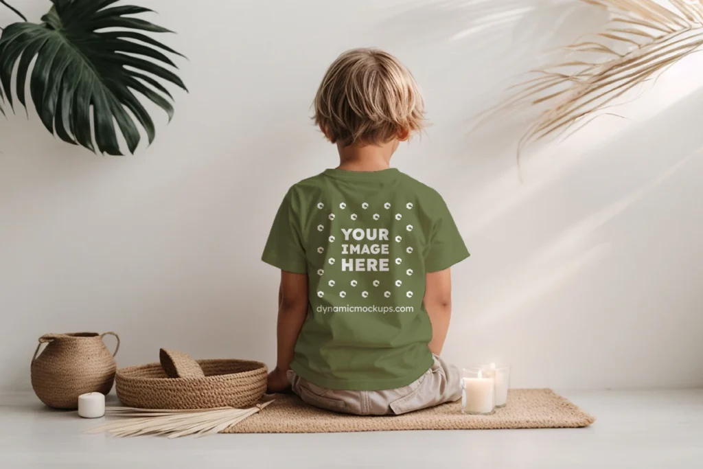 Boy Wearing Olive Green T-shirt Mockup Back View Template