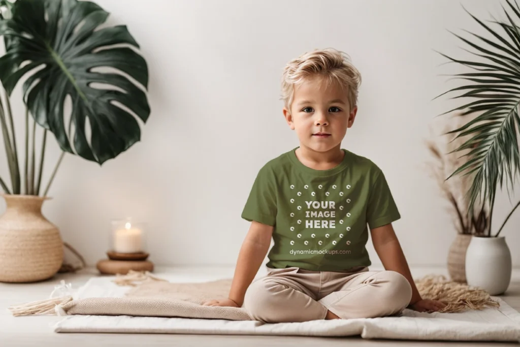 Boy Wearing Olive Green T-shirt Mockup Front View Template