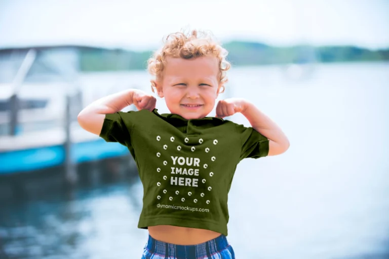 Boy Wearing Olive Green T-shirt Mockup Front View Template