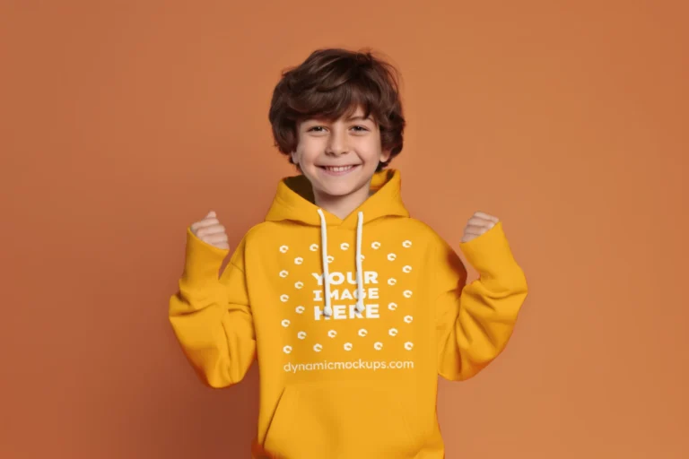 Boy Wearing Orange Hoodie Mockup Front View Template