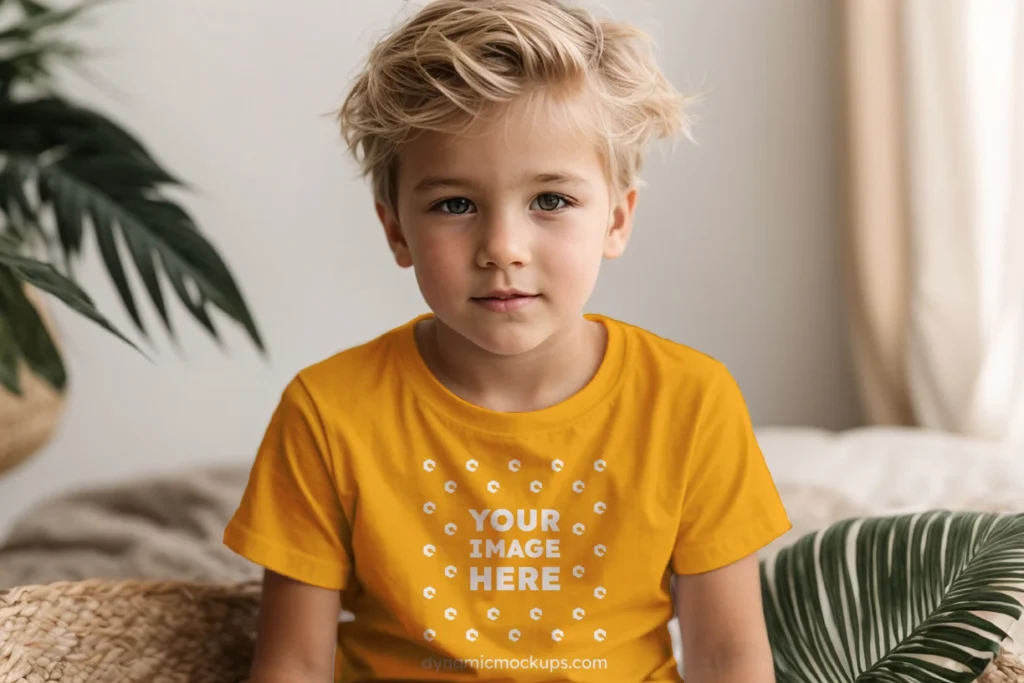 Boy Wearing Orange T-shirt Mockup Front View Template