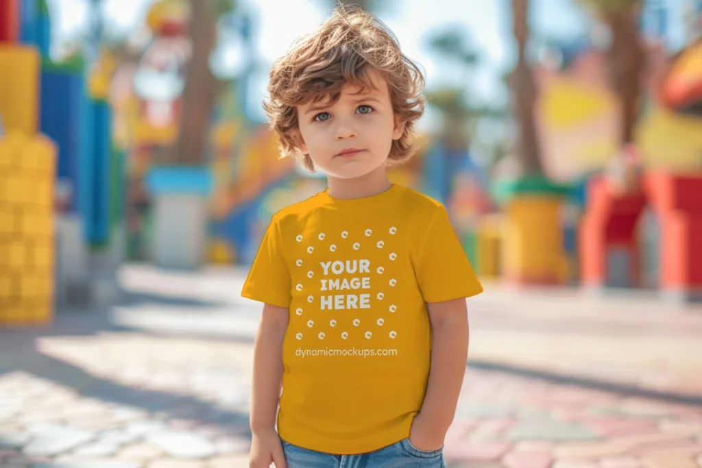 Boy Wearing Orange T-shirt Mockup Front View Template