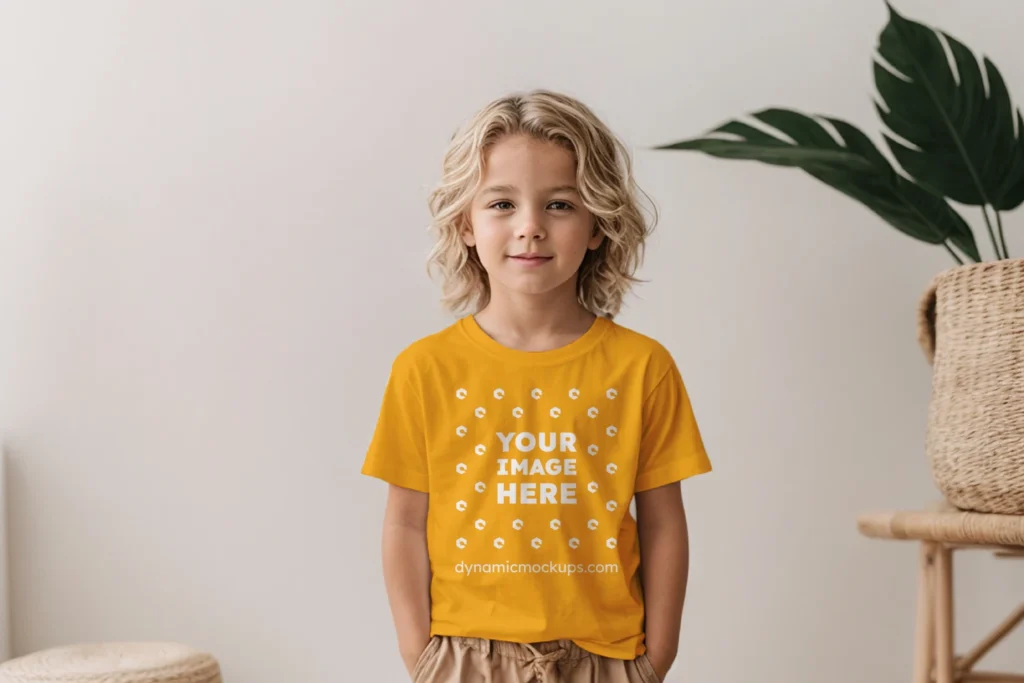 Boy Wearing Orange T-shirt Mockup Front View Template