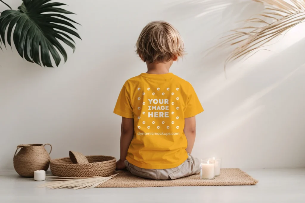 Boy Wearing Orange T-shirt Mockup Back View Template