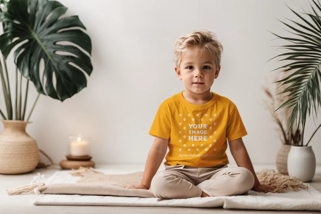 Boy Wearing Orange T-shirt Mockup Front View Template