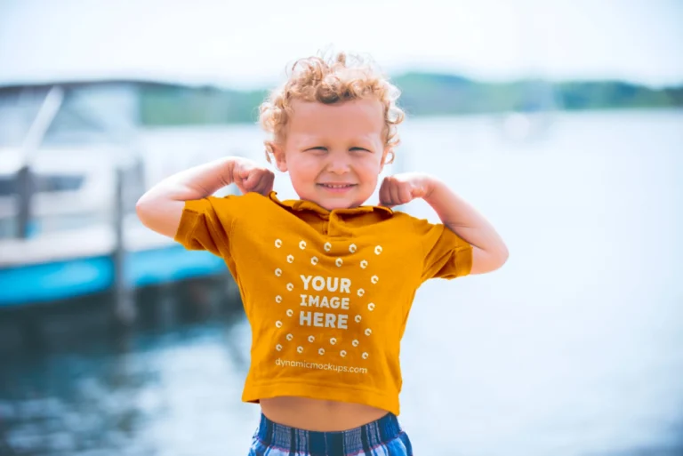 Boy Wearing Orange T-shirt Mockup Front View Template