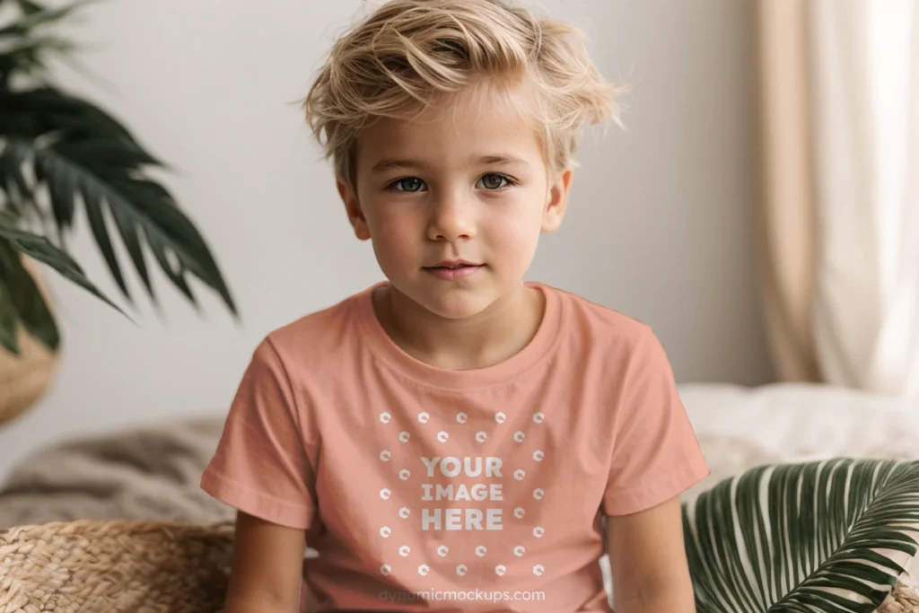 Boy Wearing Peach T-shirt Mockup Front View Template