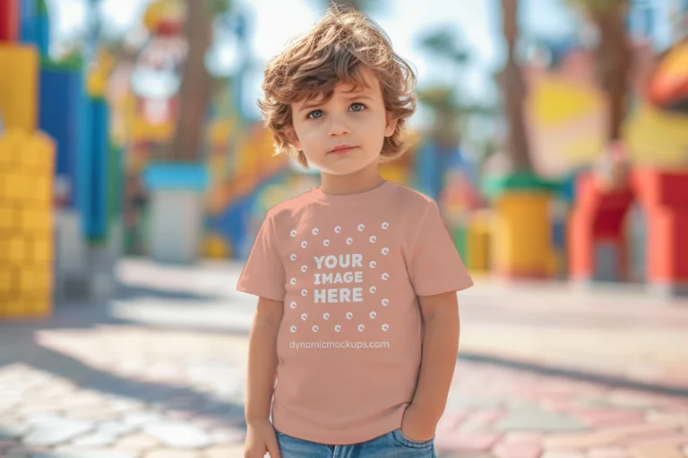 Boy Wearing Peach T-shirt Mockup Front View Template