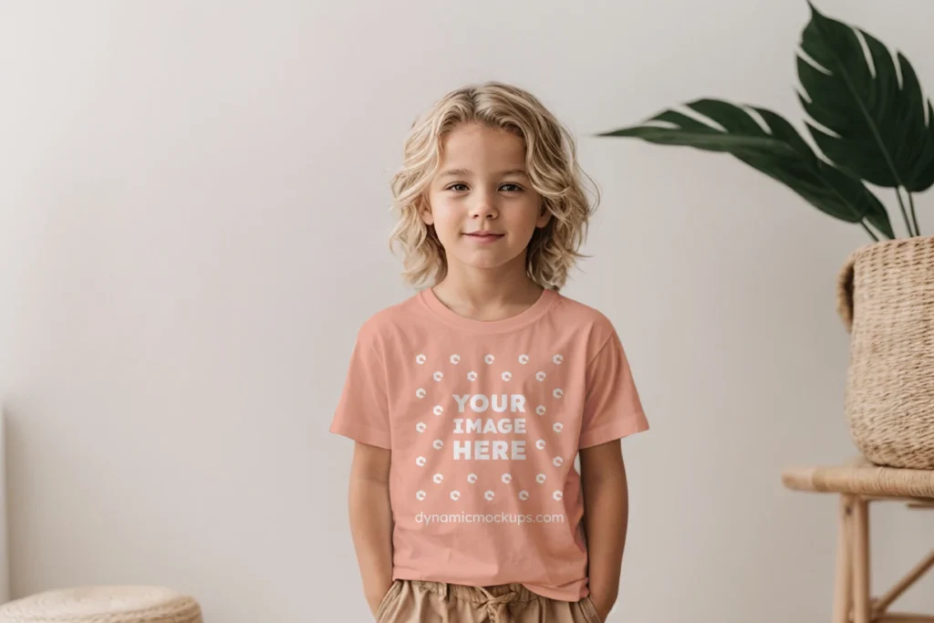 Boy Wearing Peach T-shirt Mockup Front View Template