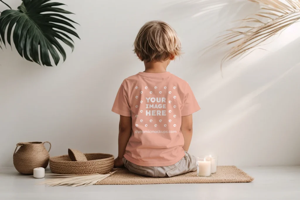 Boy Wearing Peach T-shirt Mockup Back View Template