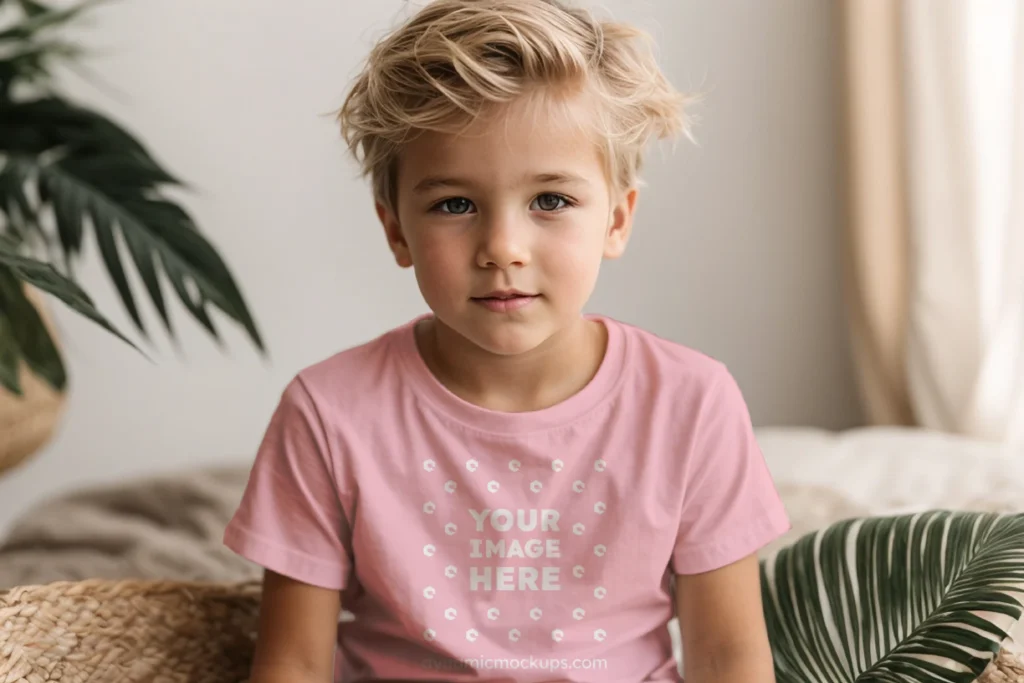 Boy Wearing Pink T-shirt Mockup Front View Template