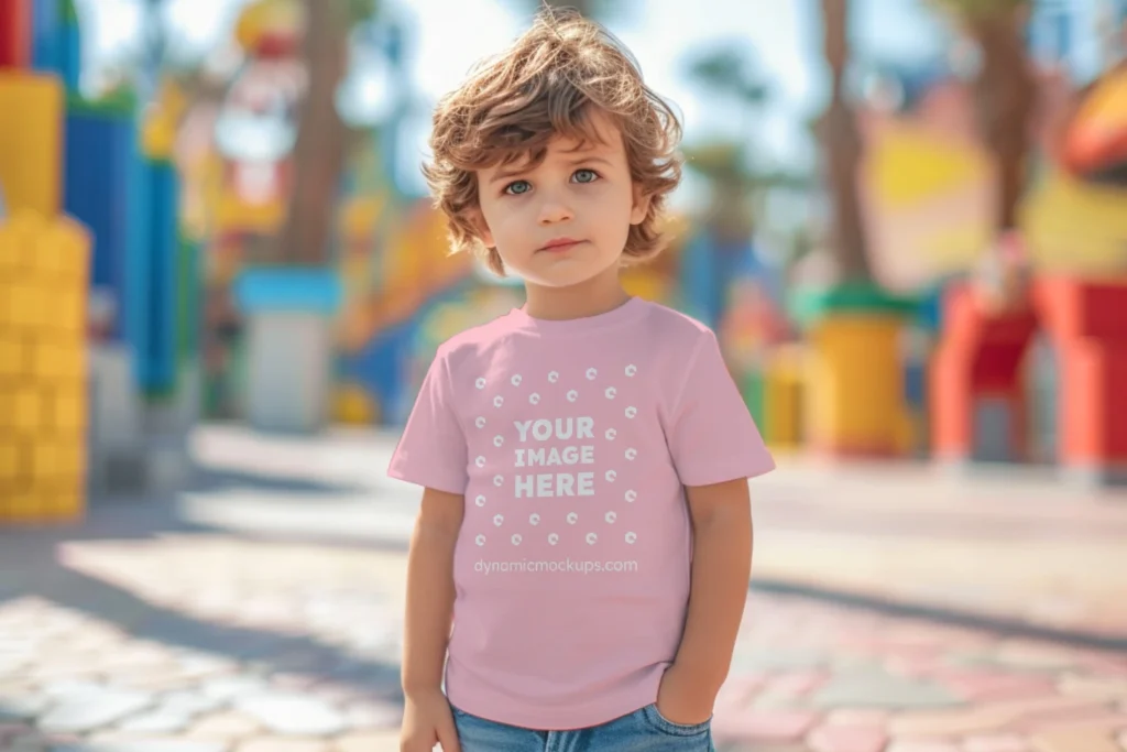 Boy Wearing Pink T-shirt Mockup Front View Template