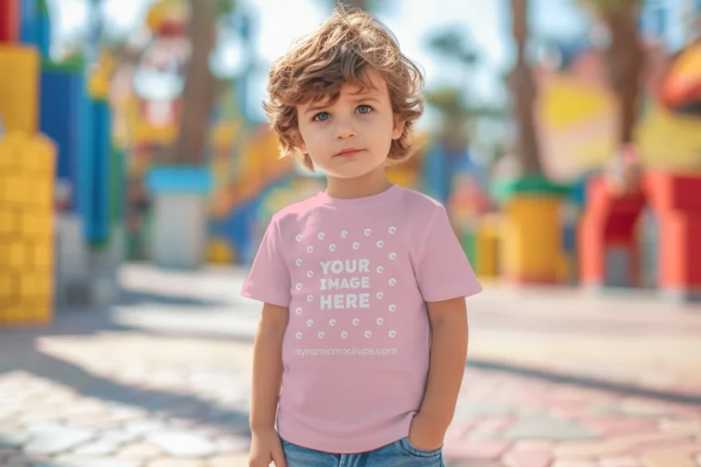 Boy Wearing Pink T-shirt Mockup Front View Template