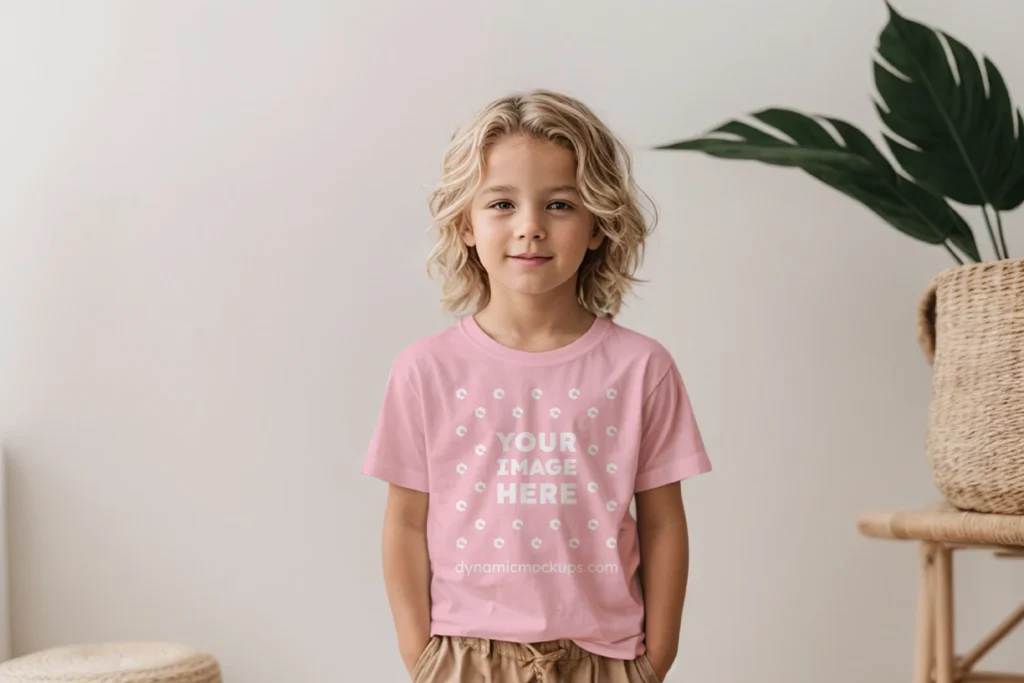 Boy Wearing Pink T-shirt Mockup Front View Template